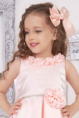 Peach Sleeveless And Floral Embellished With Stone Work Frock For Girls