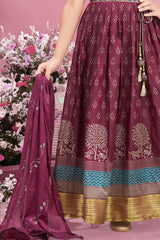 Wine Embroidered And Mirror Work Anarkali For Girls