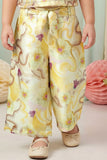 Girls Yellow Floral Printed One-Shoulder Co-Ord Set with Wide-Leg Pants