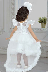 White Frill Sleeves And Sequin Embroidery With Floral Embellished Tail Back Frock For Girls