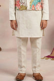 Beige Kurta Set With Floral Printed Nehru Jacket For Boys