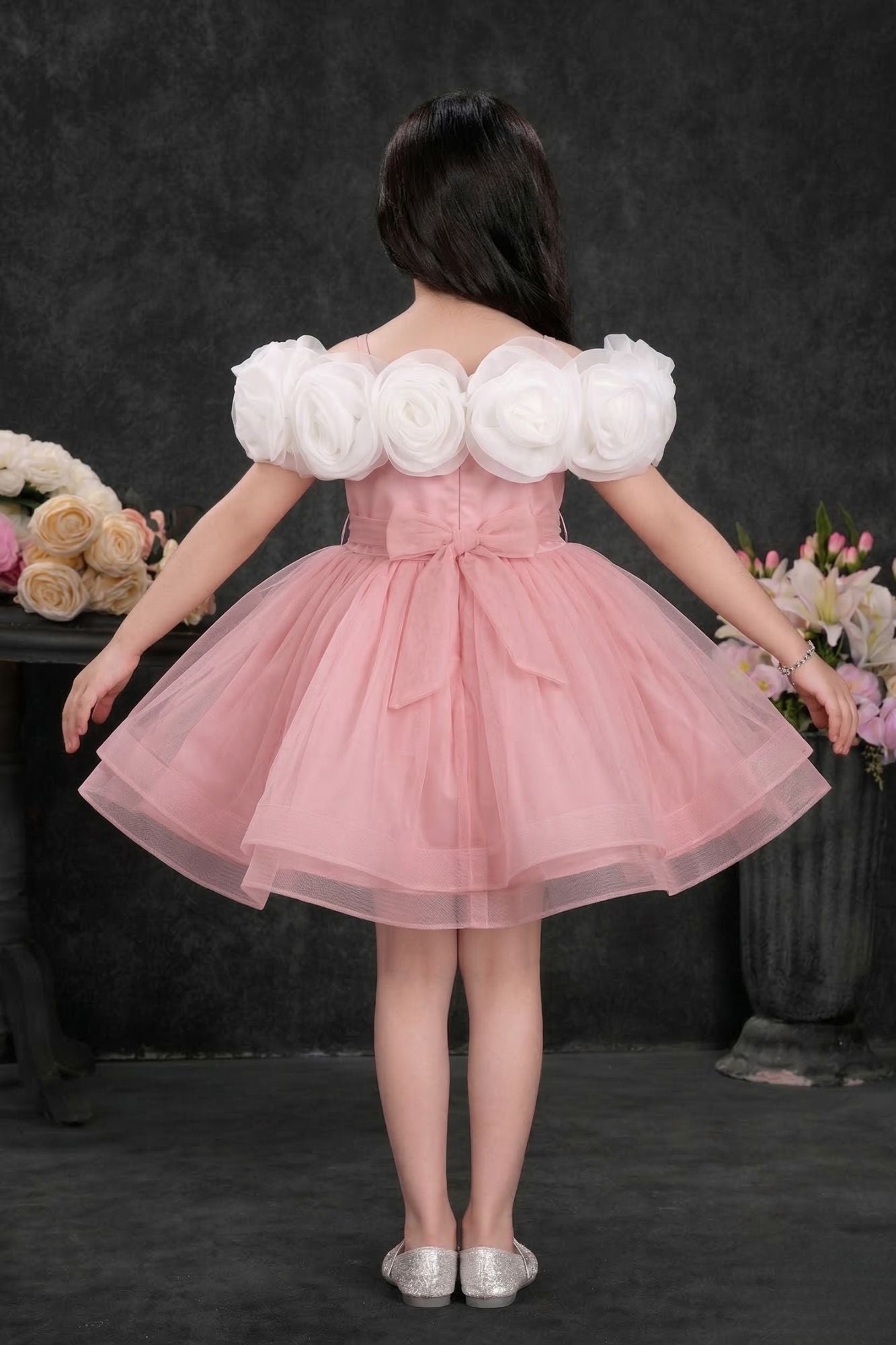 Blush Pink Sequin Party Wear Frock with 3D Floral Neckline For Girls