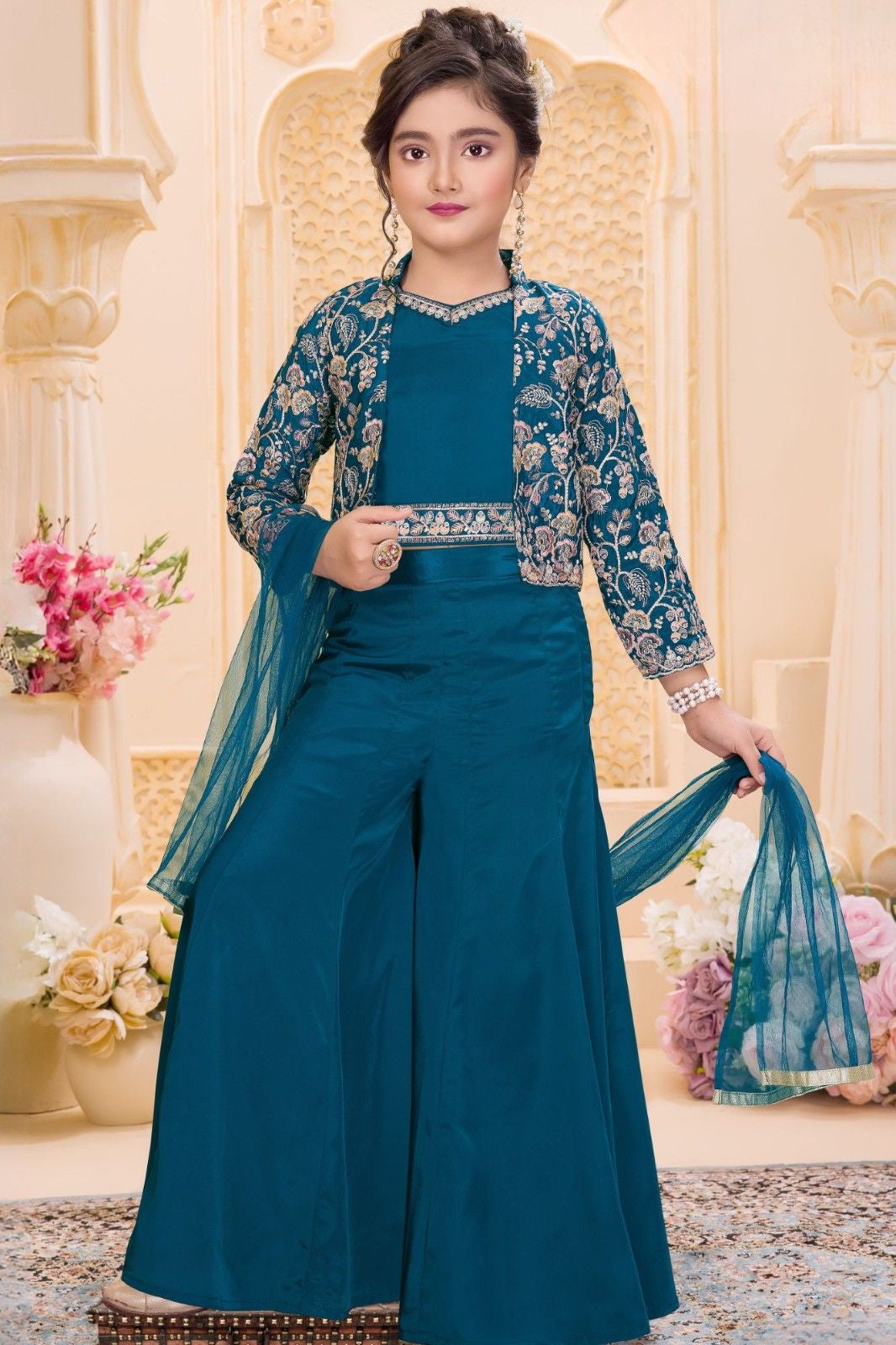 Teal Blue Embroidered 3-Piece Palazzo Set for Girls