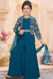 Teal Blue Embroidered 3-Piece Palazzo Set for Girls