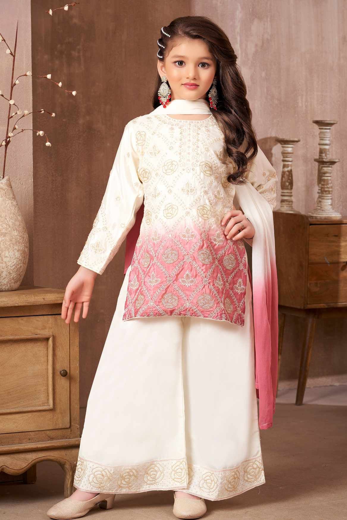 Ivory And Pink Ombre Embroidered Kurti Palazzo Set with Dupatta for Girls