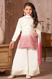 Ivory And Pink Ombre Embroidered Kurti Palazzo Set with Dupatta for Girls