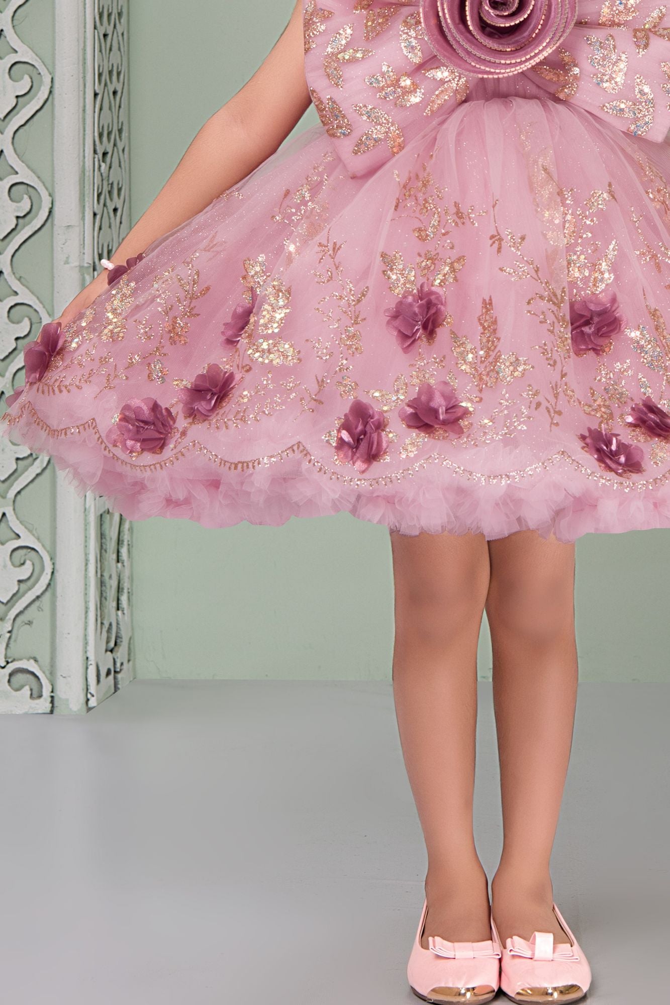 Blush Pink Glitter Party Frock with 3D Floral Bow For Girls