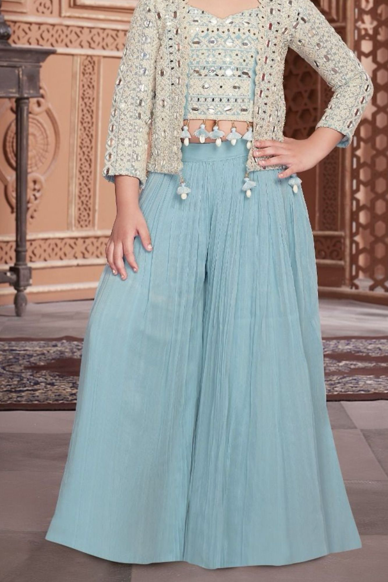 Sky Blue Embroidered Palazzo Set With Ethnic Jacket For Girls