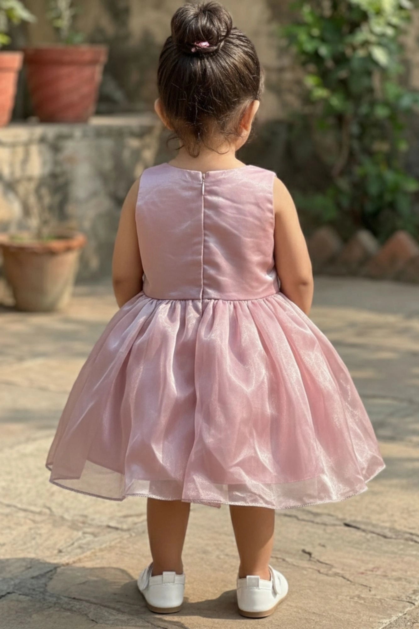Baby Pink Butterfly Appliqué Party Wear Frock For Girls
