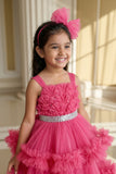 Girls Pink High-Low Party Frock with Ruffled Layers And Embellished Waistbelt