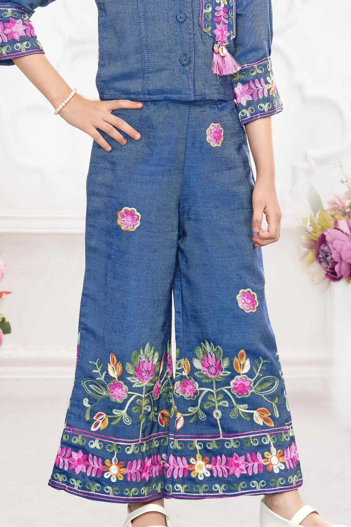 Indigo Blue Embroidered Top And Pants Set For Girls