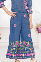 Indigo Blue Embroidered Top And Pants Set For Girls