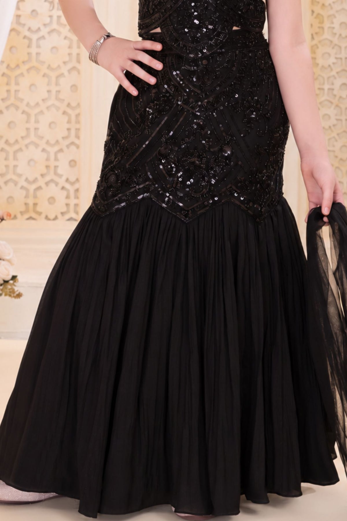 Girls Heavy Sequin Embroidered Black Fishcut Mermaid Lehenga Choli Set With Dupatta