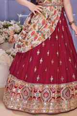 Maroon Embroidered Lehenga Choli Set with Floral Printed Draped Dupatta For Girls