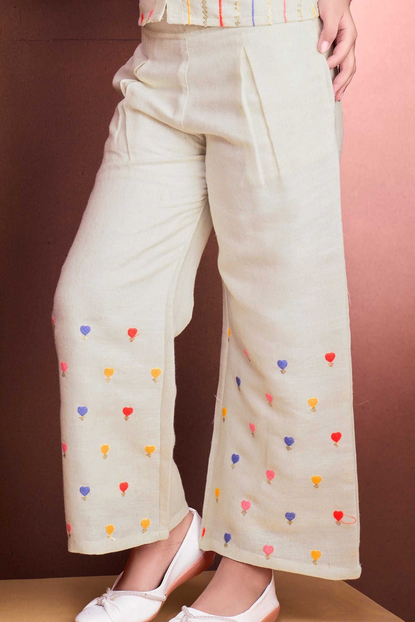 Girls Beige Top And Pants Set with Multicolor Embroidery