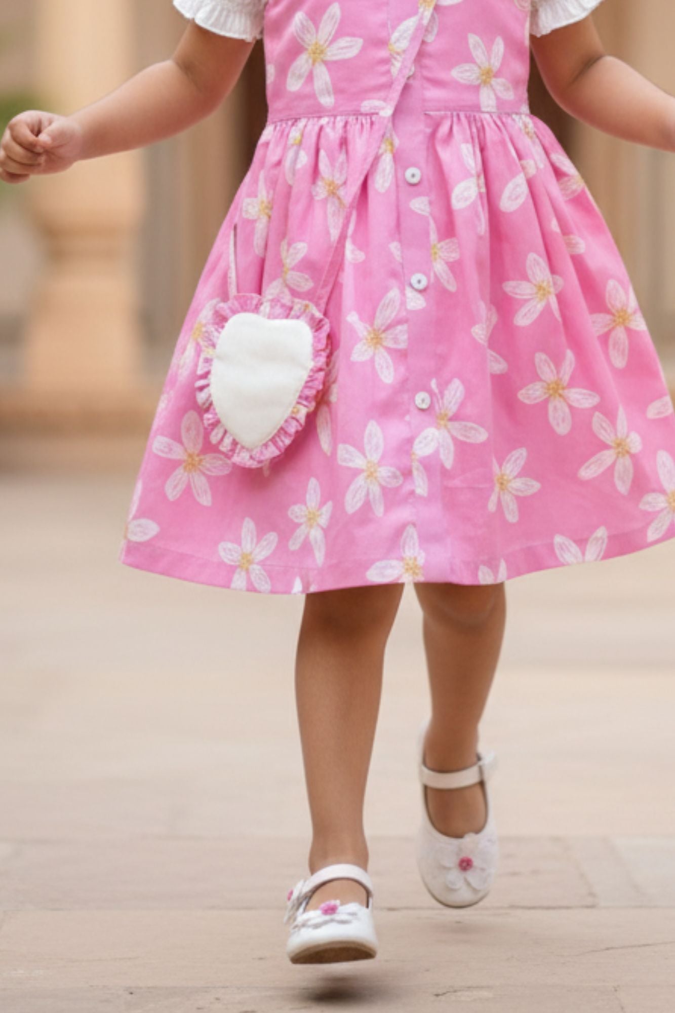 Pink Floral Printed Dress And Matching Sling Bag For Girls