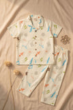 Off White Printed Night Suit Set For Boys