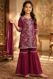 Dark Mauve Thread Embroidered Short Kurti with Sharara and Dupatta For Girls