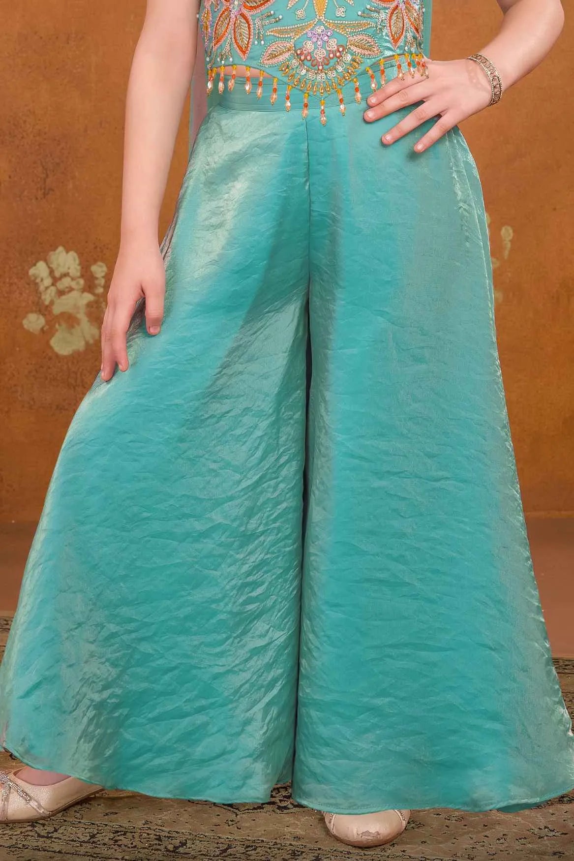 Sea Green Embroidered Palazzo Set For Girls