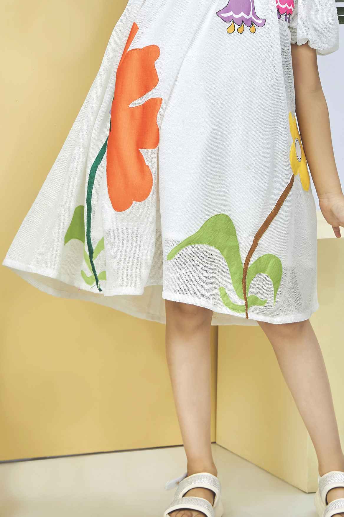 White Colorful Floral Printed Dress For Girls