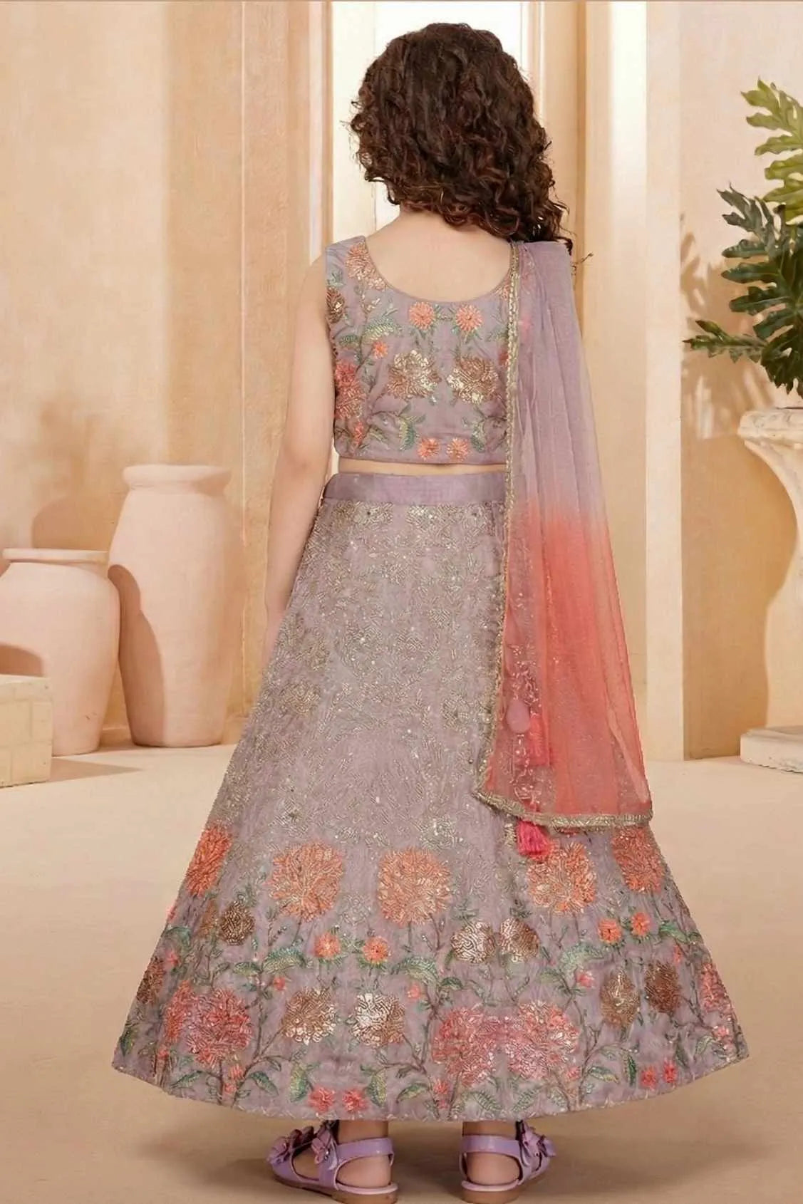 Lavender Floral Embroidered Lehenga Choli Set for Girls