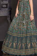 Teal Green Lehenga Choli Set With Printed And Sequin Work For Girls