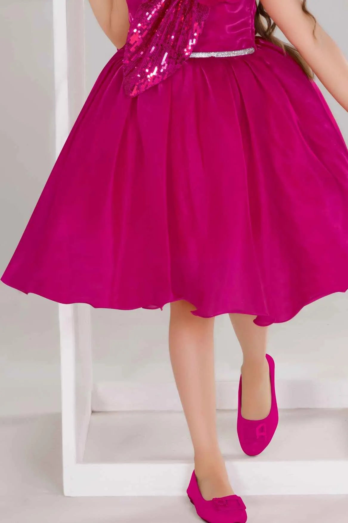 Rani Pink Party Frock With Sequin Bow And 3D Flower Detail For Girls