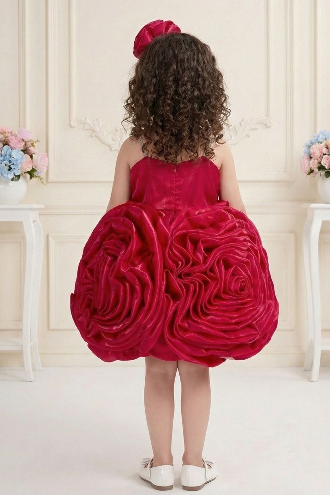 Rani Pink 3D Rosette Appliqué Party Wear  Frock For Girls