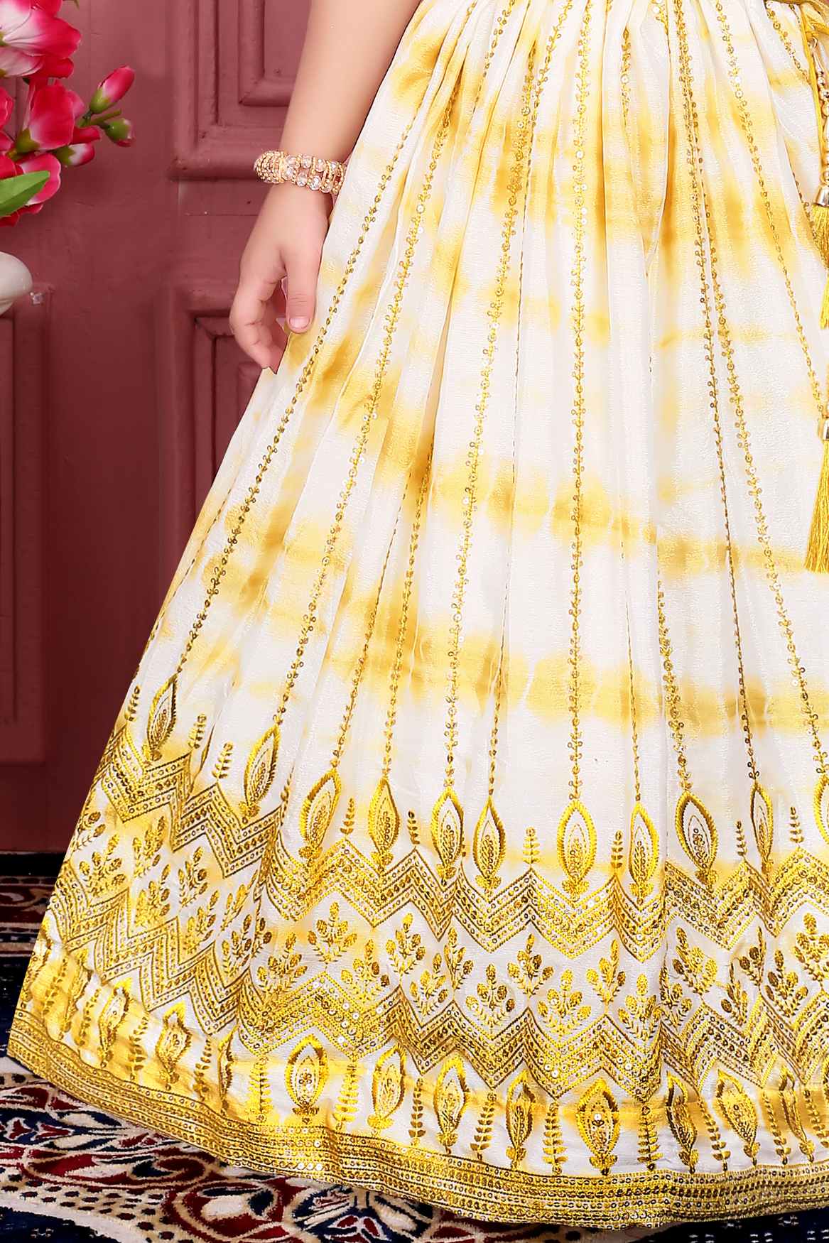 Yellow And White Lehenga Choli Set With Traditional Embroidery For Girls