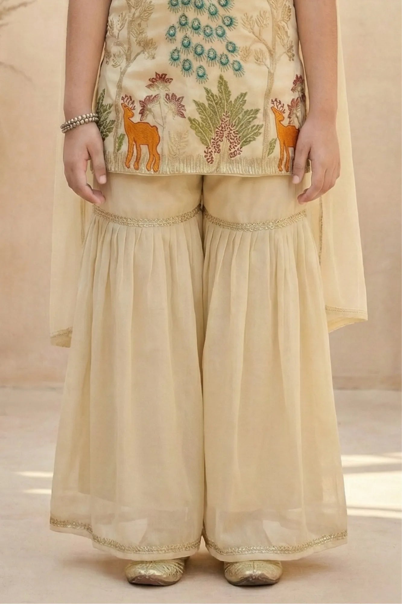 Cream Peacock Embroidered Sharara Set with Dupatta For Girls