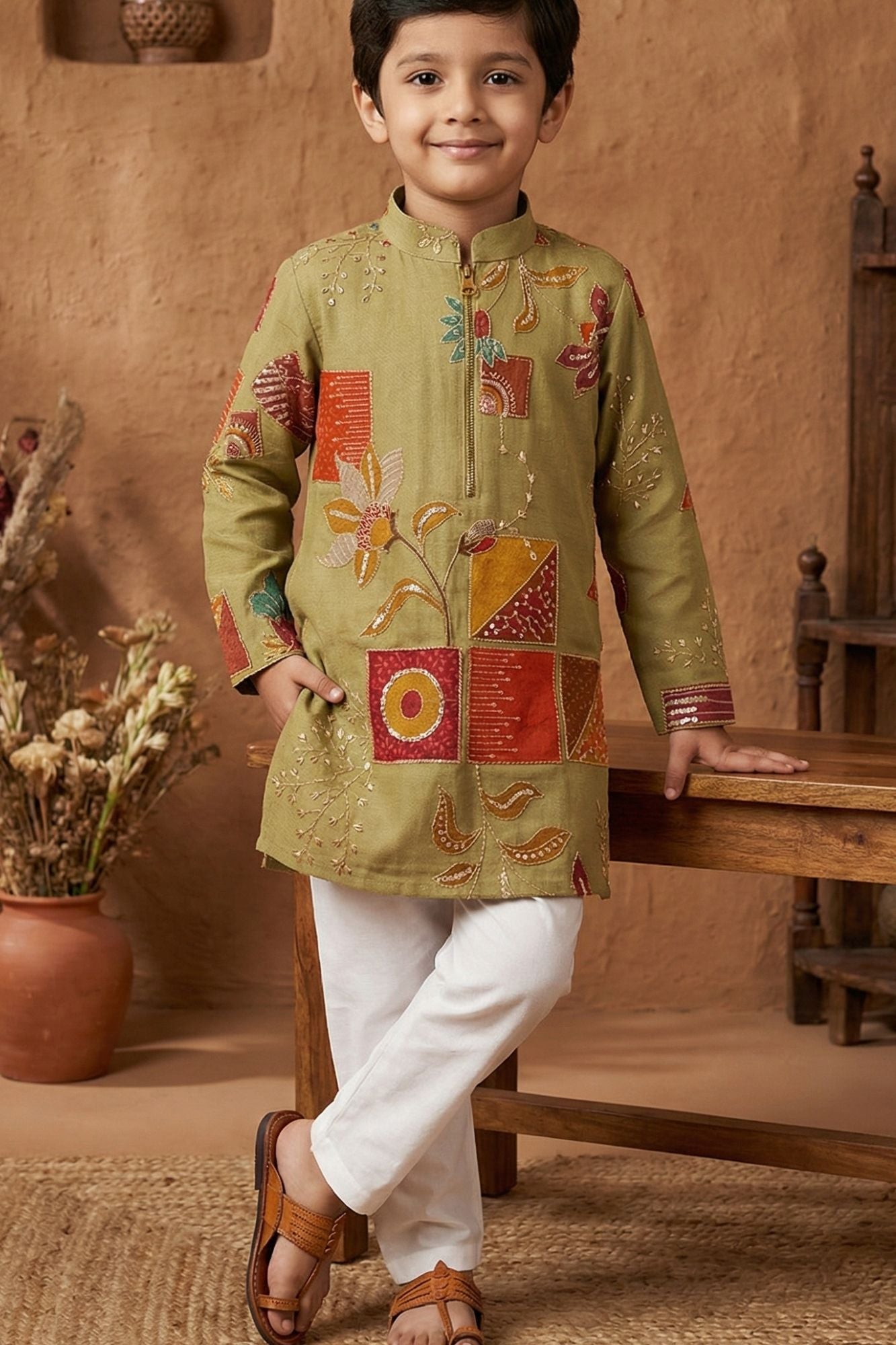 Olive Green Embroidered Patchwork Kurta Set For Boys