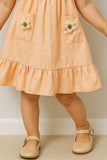 Casual Peach Cotton Dress with 3D Flower Appliqué For Girls