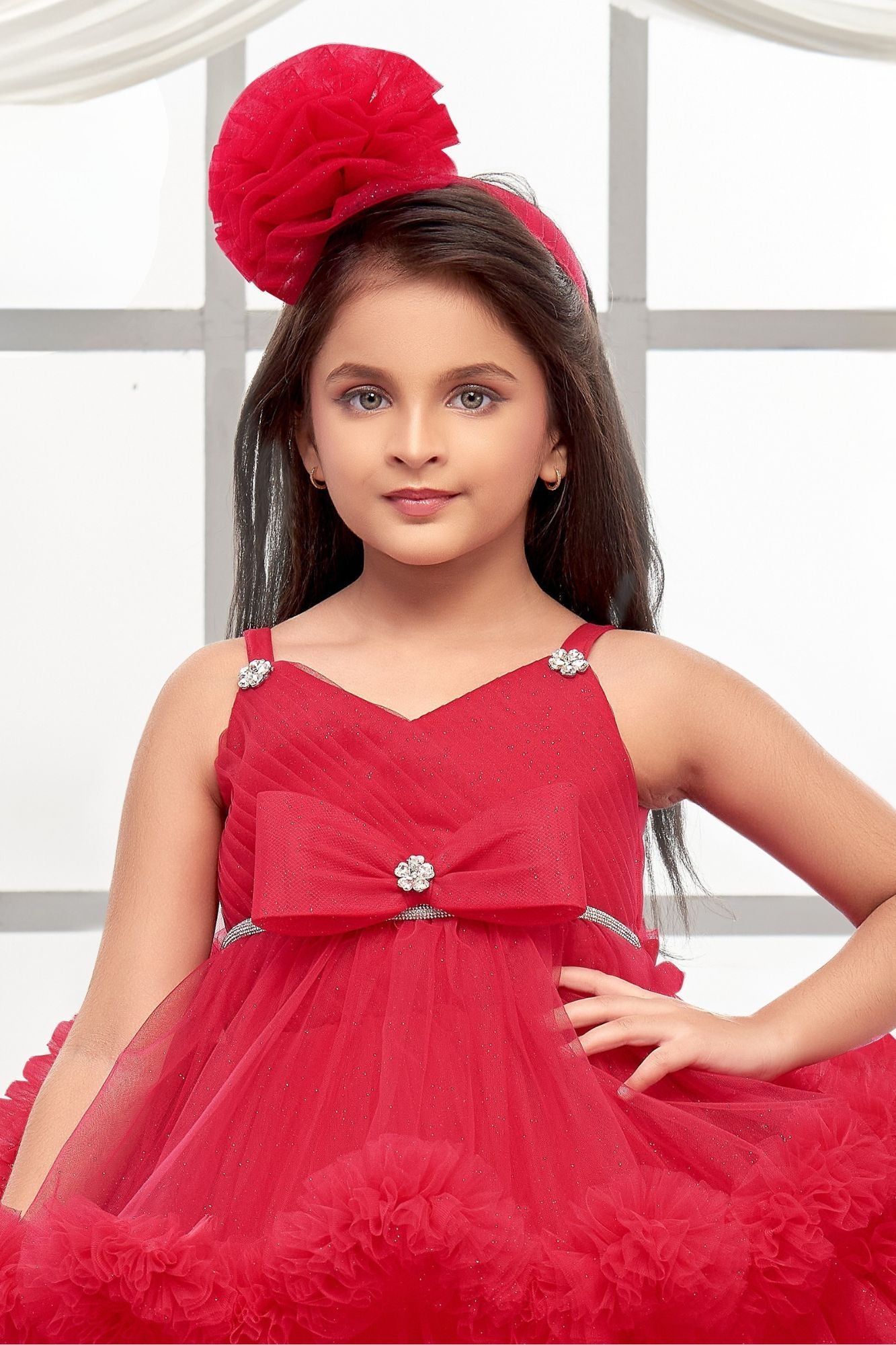 Rani Pink High-Low Party Wear Tulle Frock with Bow Detail For Girls