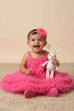 Pink Net Party Wear Frock with 3D Flower & Ruffle Hem For Girls