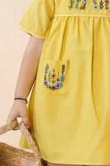 Stylish Yellow Casual Frock With Embroidery For Girls