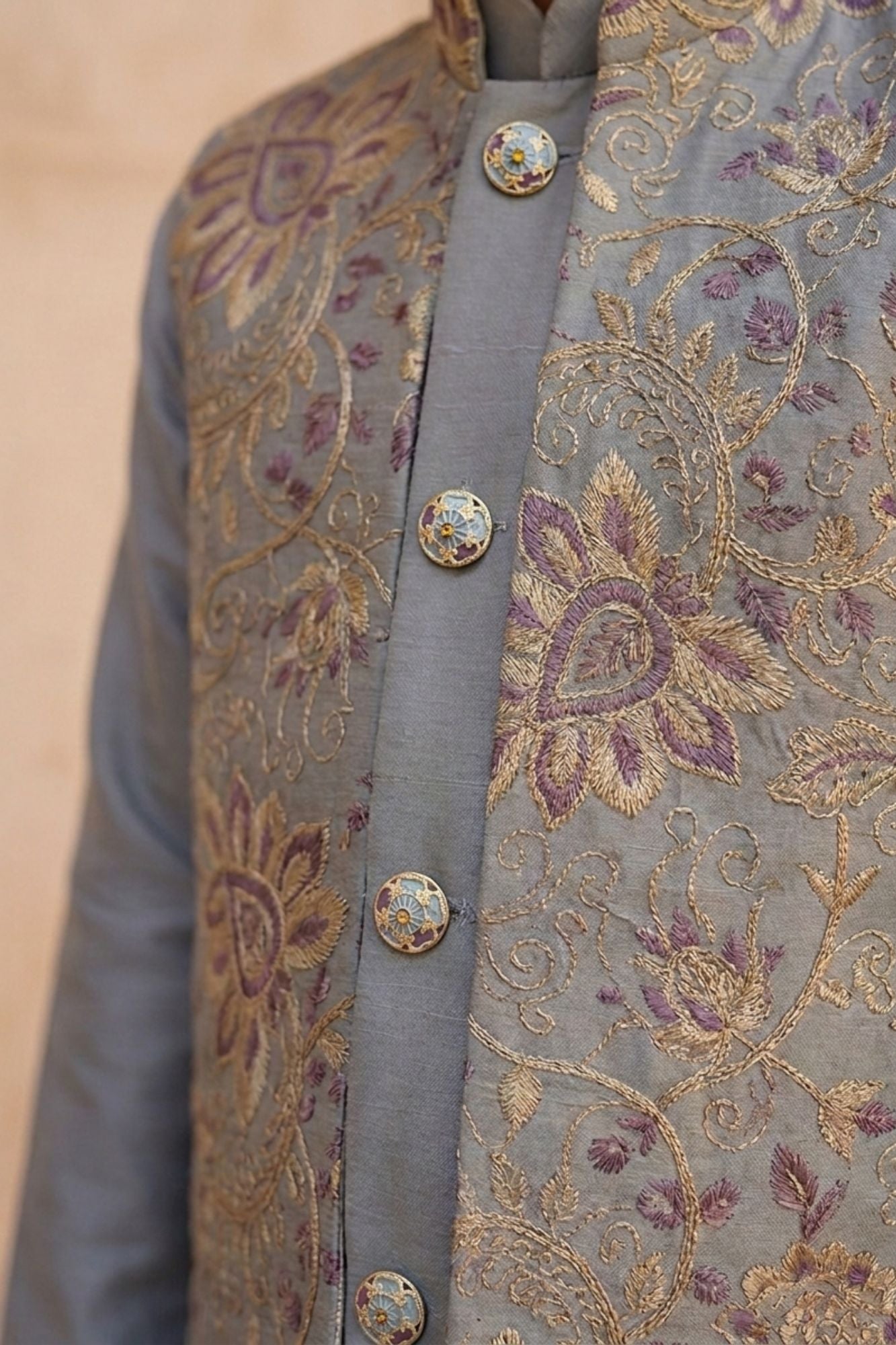 Boys Grey Floral And Paisley Embroidered Kurta Set with Nehru Jacket