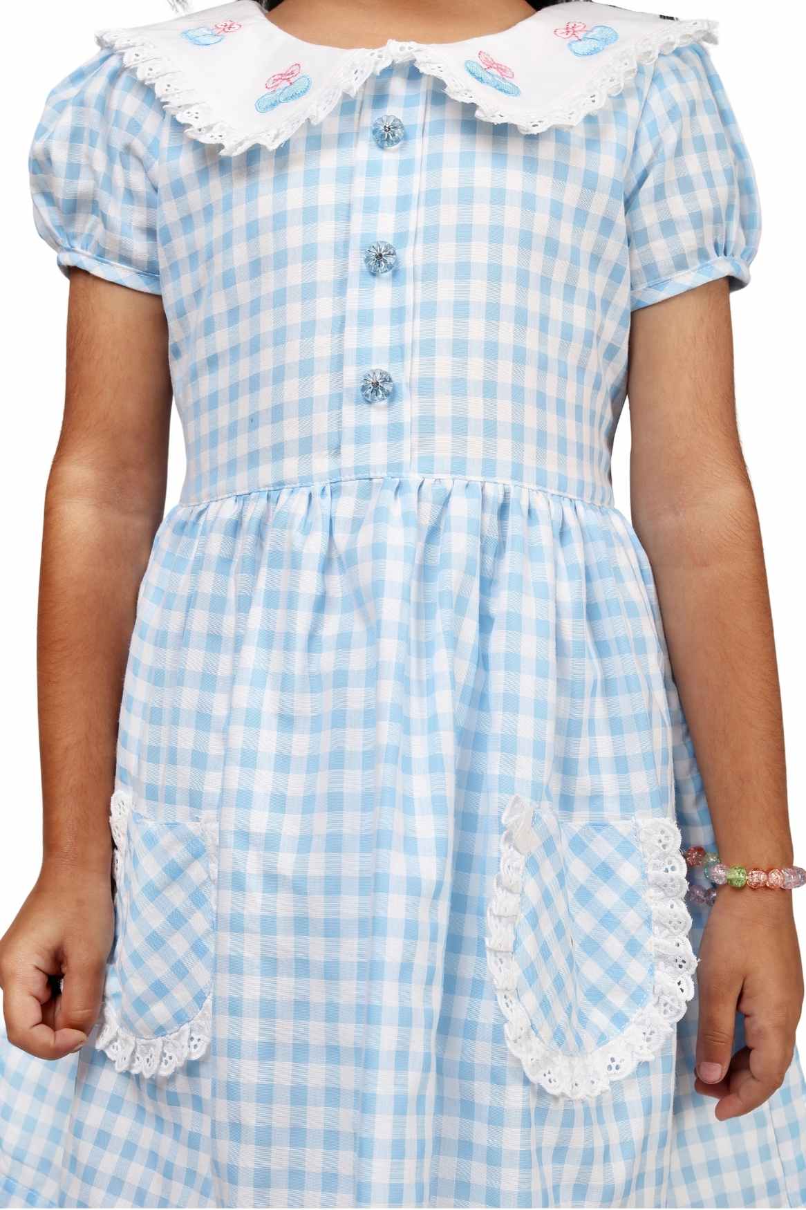 Blue Checked And Embroidery Frock For Girls