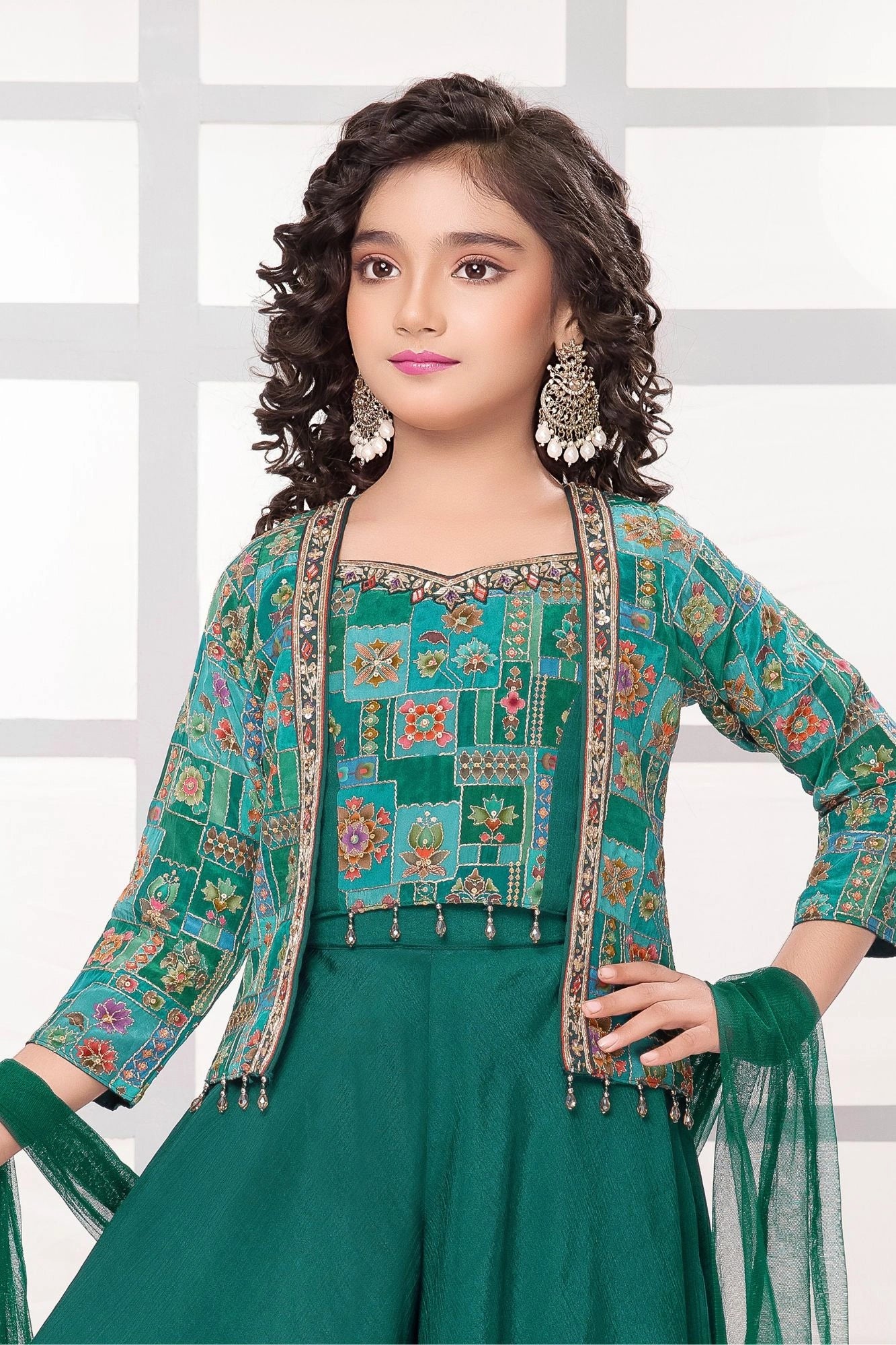 Teal Green Embellished Palazzo Set with Printed Jacket and Dupatta For Girls