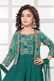 Teal Green Embellished Palazzo Set with Printed Jacket and Dupatta For Girls