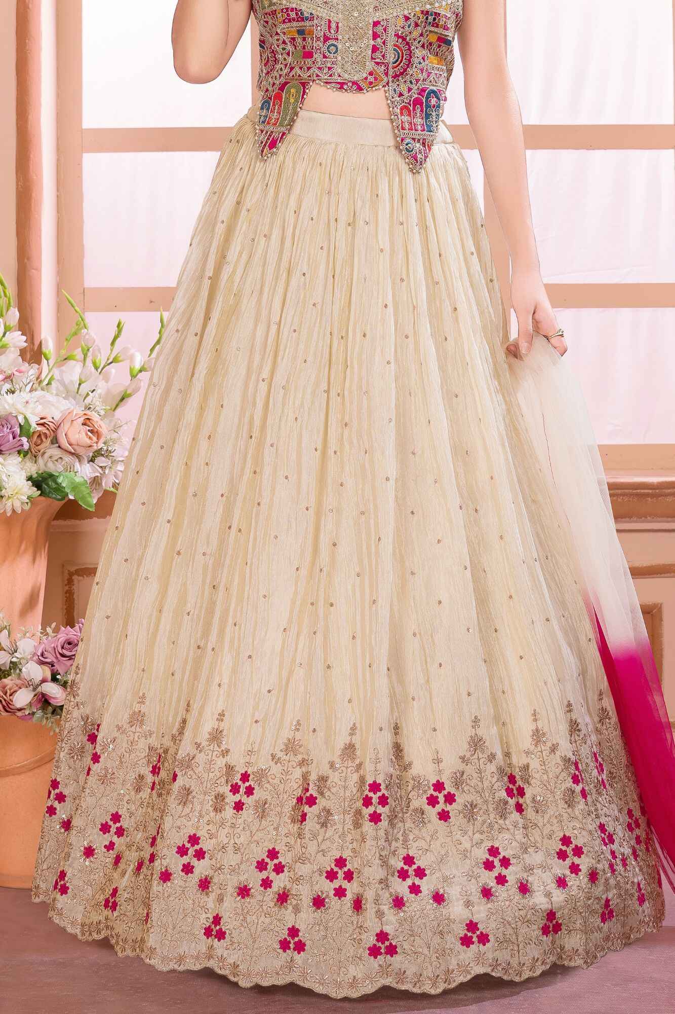 Ivory And Rani Pink Embroidered Lehenga Choli Set With Dupatta For Girls
