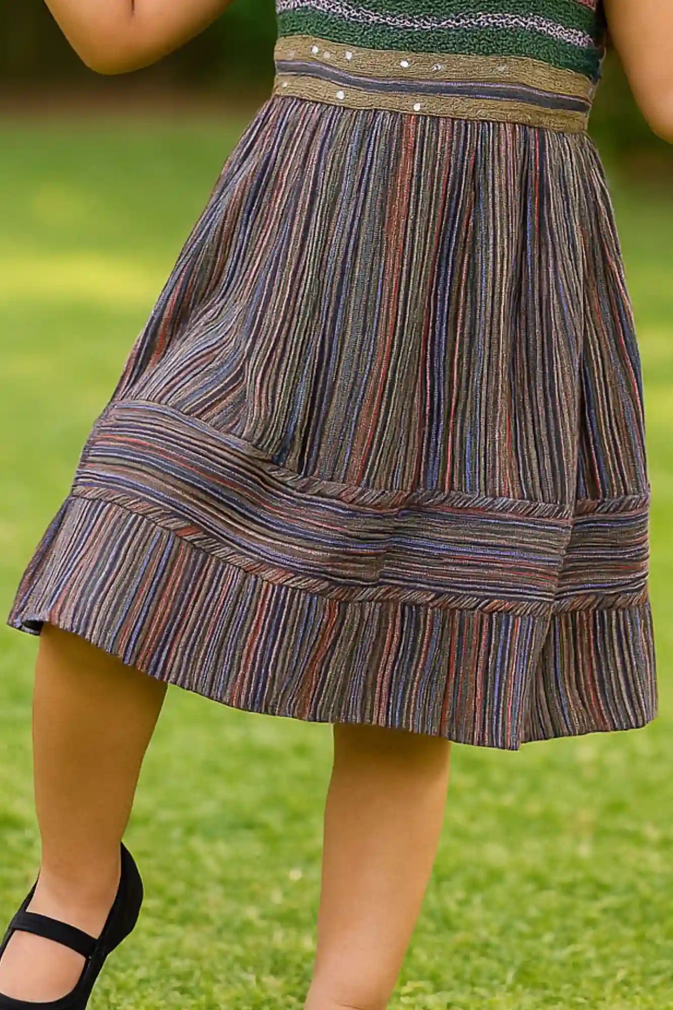 Multicolor Stripe Summer Dress with Shimmer Yoke For Girls