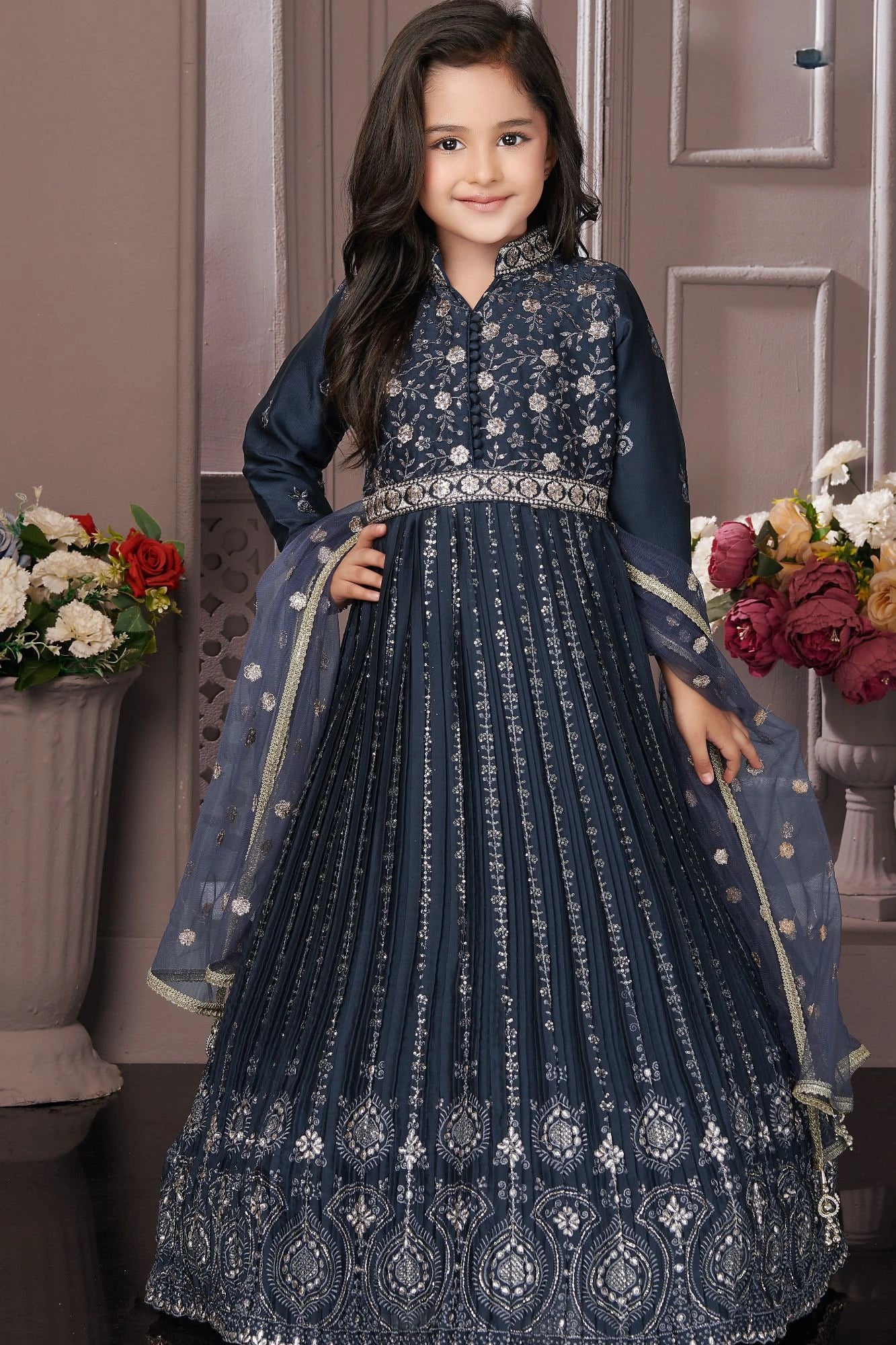 Grey Embroidered Long Ethnic Gown with Dupatta For Girls
