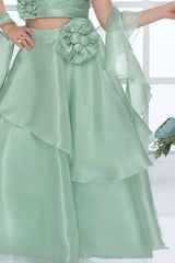 Pista Green Organza Lehenga Choli And Dupatta For Girls
