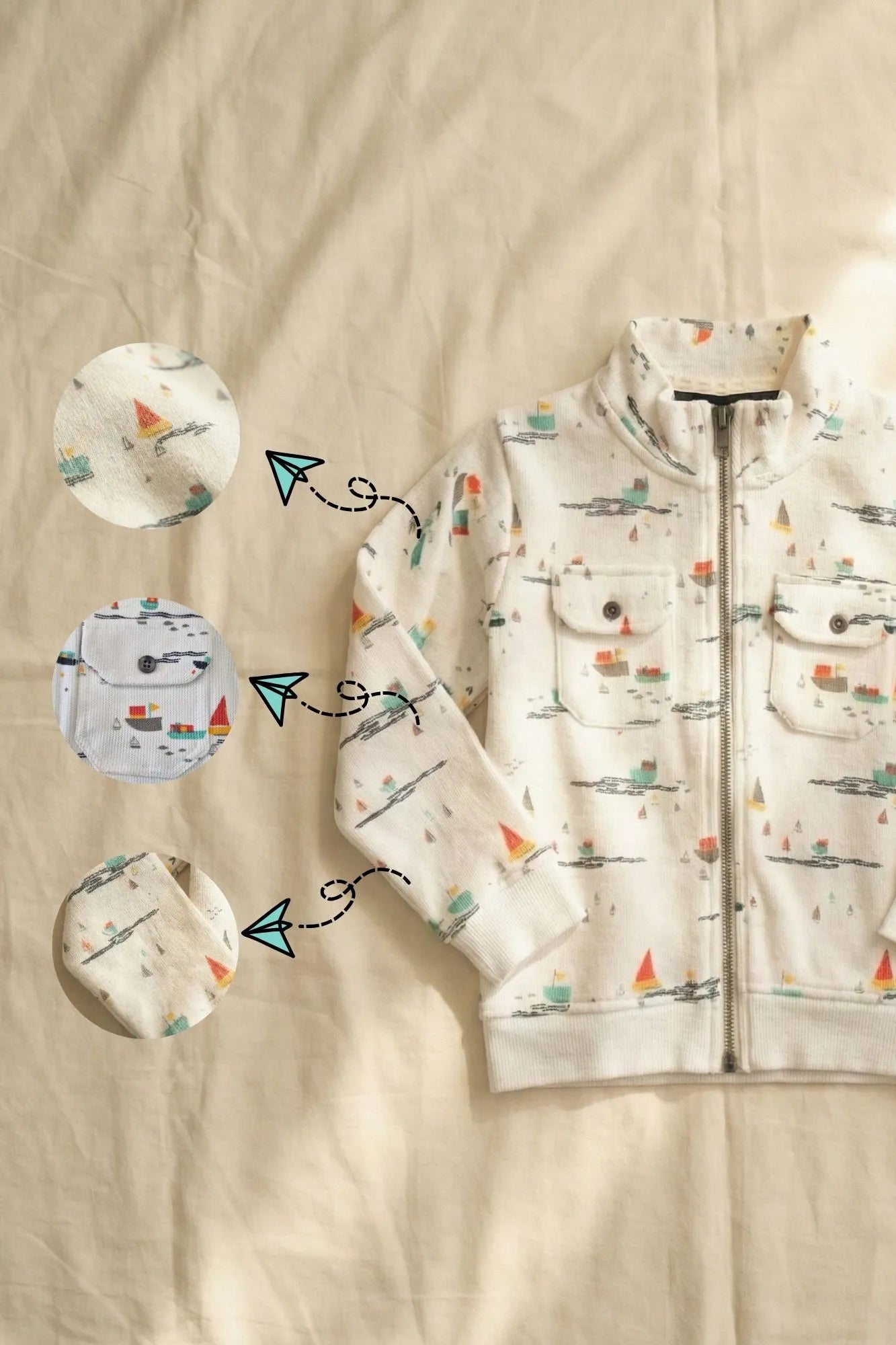 White Printed Full-Sleeve Jacket with Front Zip For Boys