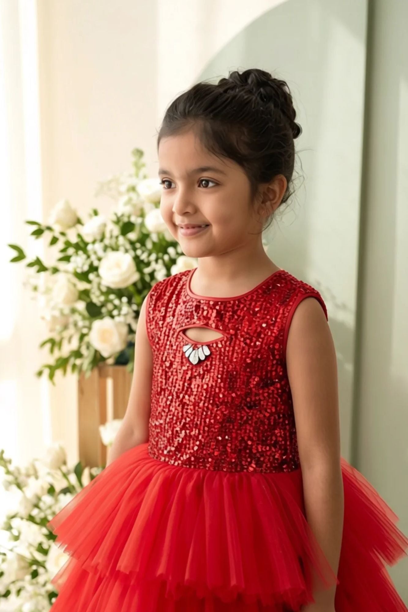 Girls Red Sequin Layered Tail Cut Party Frock
