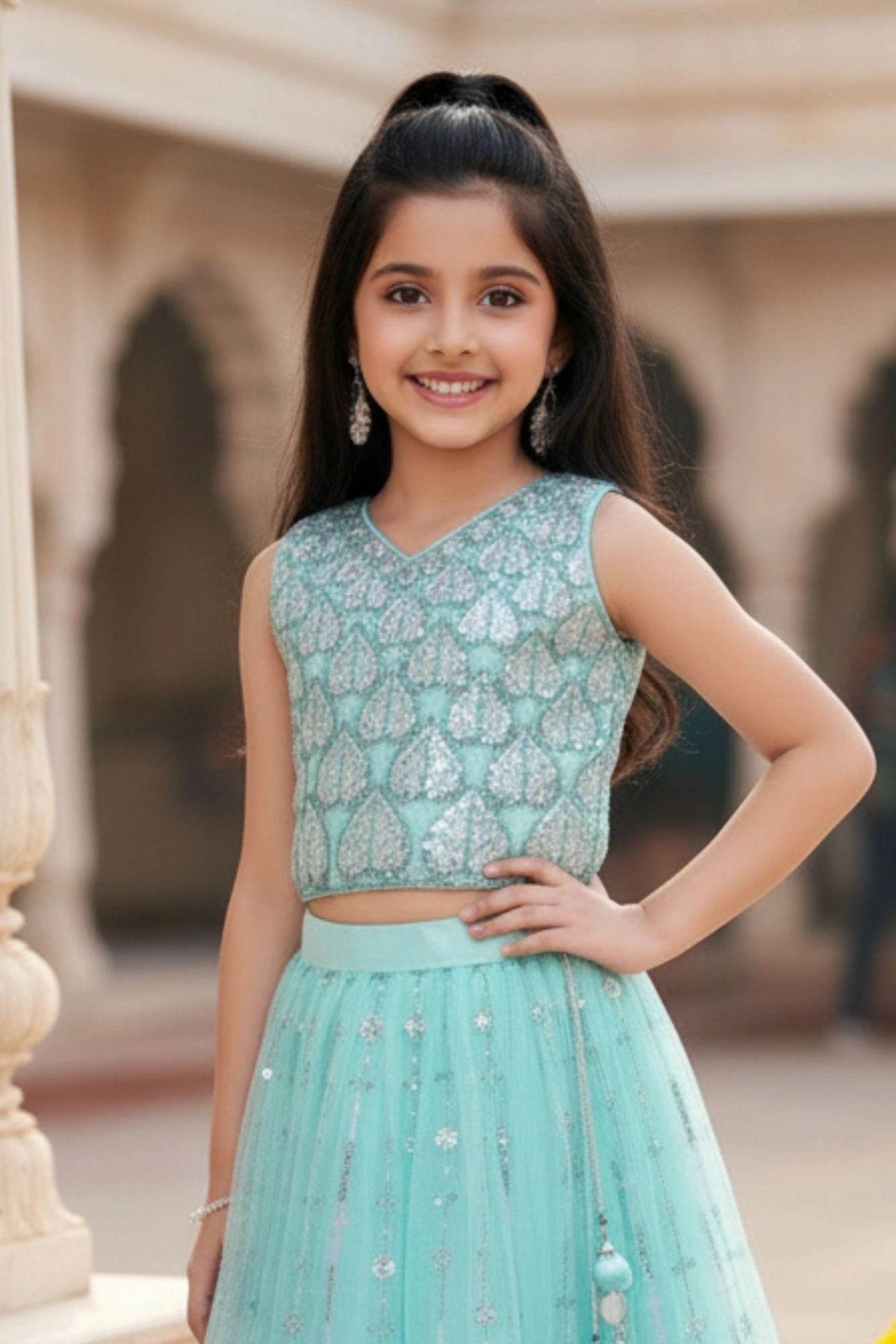 Sea Green Embroidered Lehenga Choli with Sequin Detailing For Girls