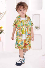 Yellow Printed Shirt And Short With White T-shirt Set For Boys