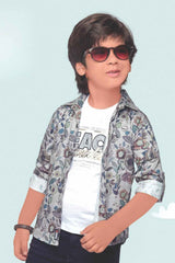 Grey Printed Overcoat With White T Shirt And Pant Set For Boys