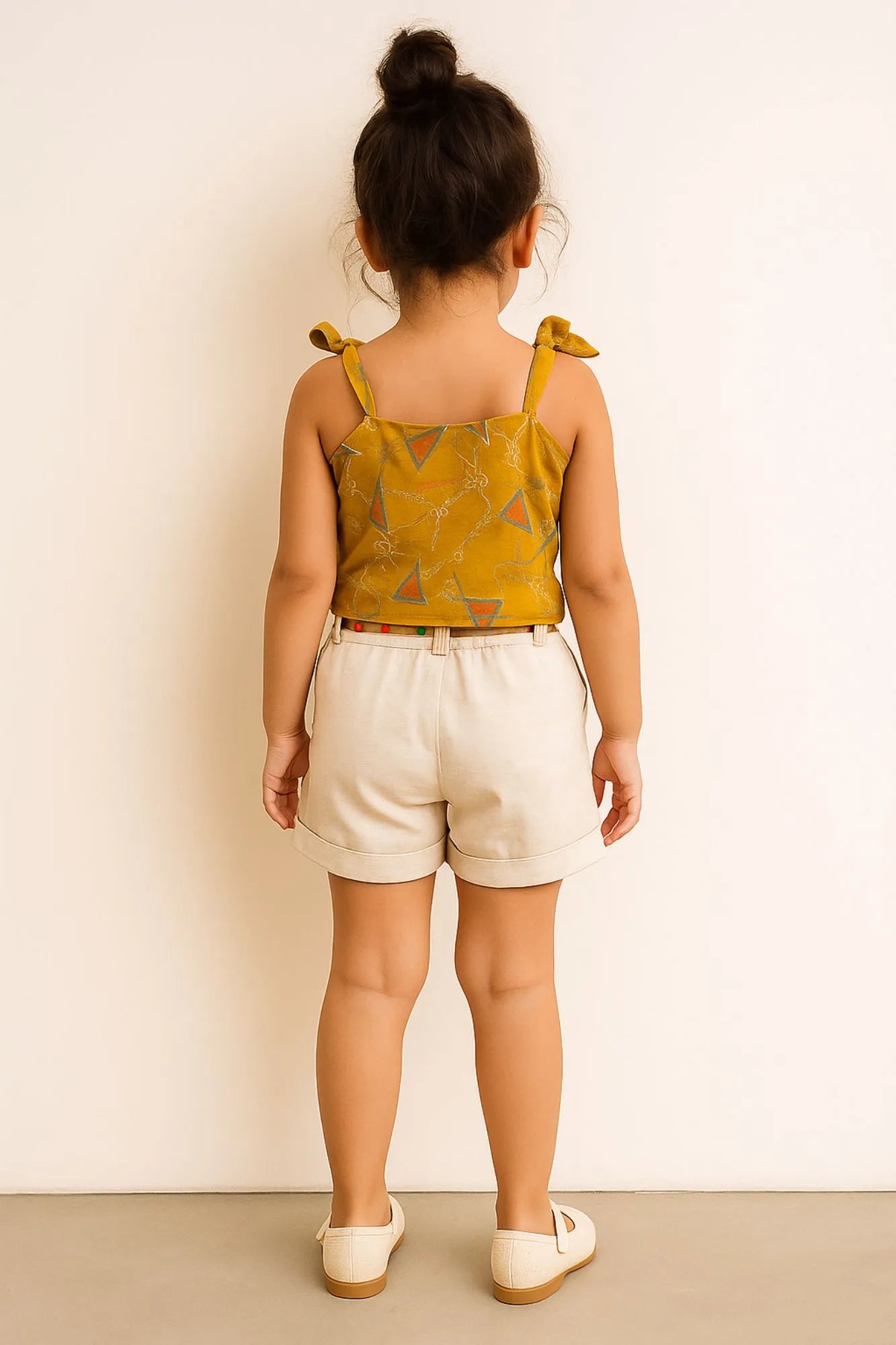 Mustard Thread Embroidered Top with Shorts Set For Girls