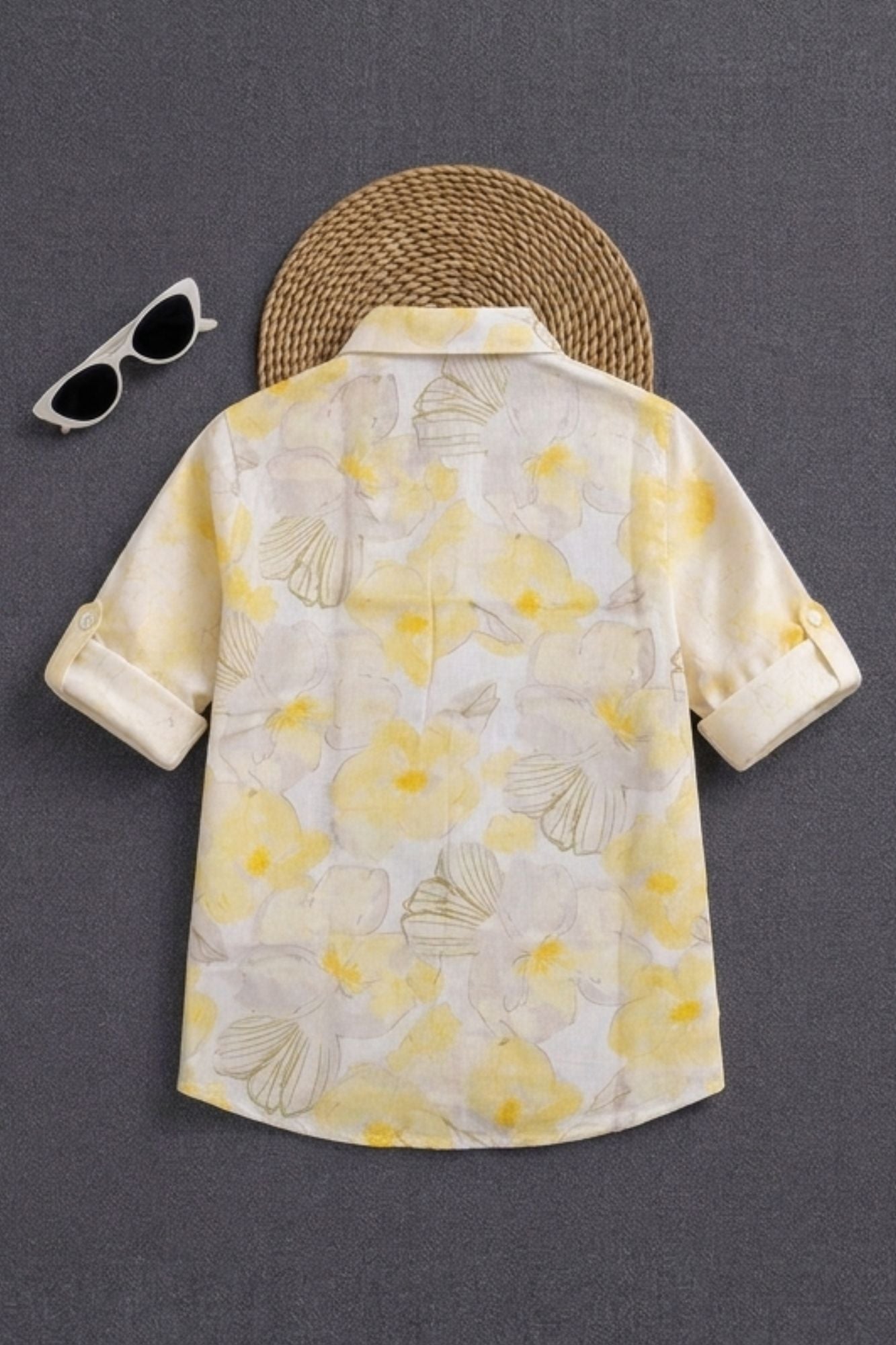 Yellow Tropical Floral Printed Pure Linen Shirt